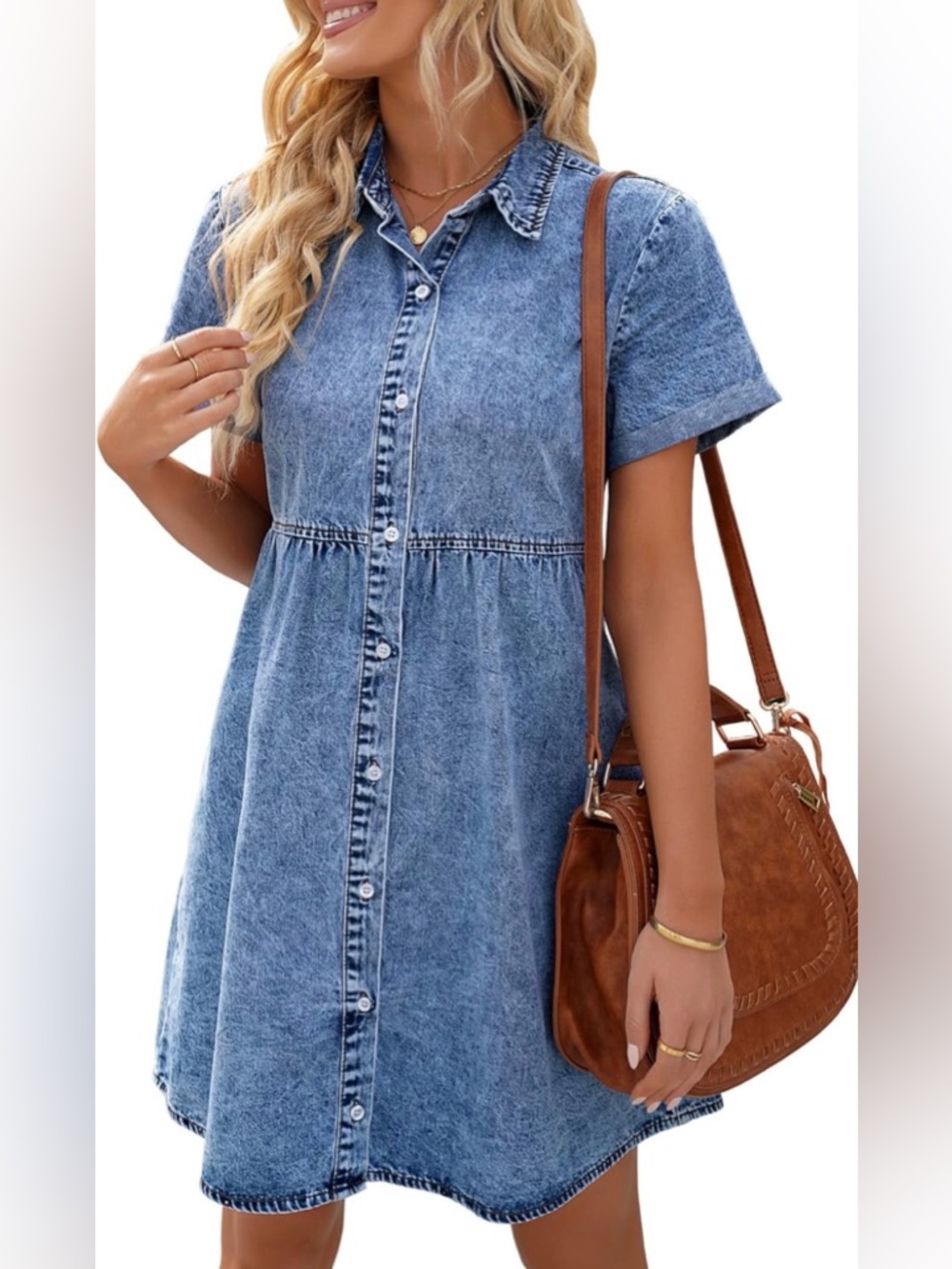 Lookbook Button-Front Short Sleeve Denim Dress in Light Blue tiered